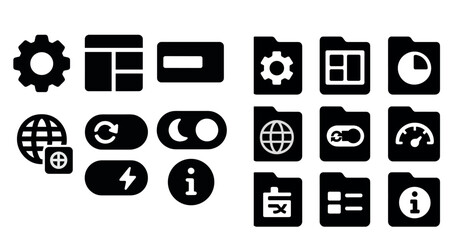 Fototapete - Collection of icons for various applications. The icons are all black and white, and they include a gear, a clock, a globe, and a file folder. Scene is minimalist and modern