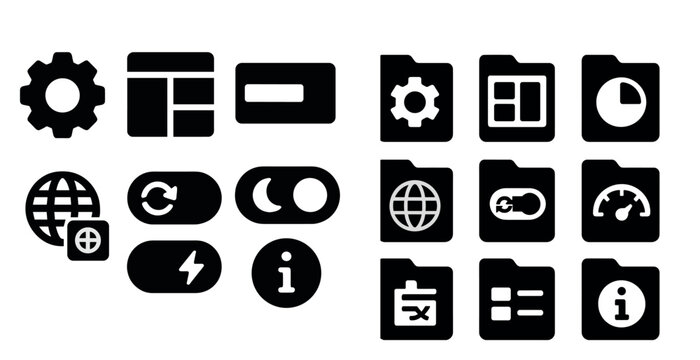Collection of icons for various applications. The icons are all black and white, and they include a gear, a clock, a globe, and a file folder. Scene is minimalist and modern