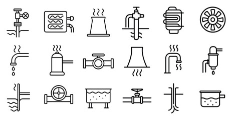 Fototapete - Series of black and white icons of plumbing and water systems. The icons include a faucet, a pipe, a valve, a radiator, a water heater, and a sink. Scene is one of utility