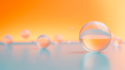 Poster - Clear glass sphere with water on vibrant orange background creating beautiful abstract art