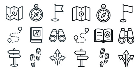Fototapete - Set of icons for a map, compass, and other navigation tools. The icons are all in black and white and are arranged in a grid