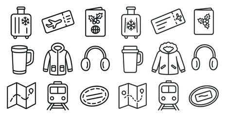 Fototapete - Collection of travel-related icons, including a cup, a jacket, a suitcase, and a map