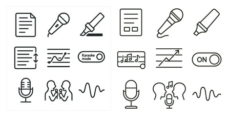Fototapete - Set of icons for a music app. The icons include a microphone, a pen, a paper, a music note, a record, a speaker, and a button