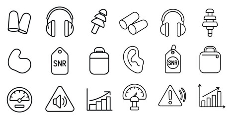 Fototapete - Collection of icons for various items, including a suitcase, a backpack, and a pair of headphones