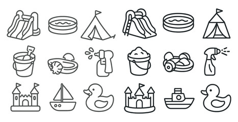 Poster - Collection of water toys and beach items. The items include a boat, a castle, a tent, a slide, a bucket, a spray bottle, and a flag