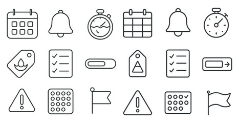 Poster - Set of icons for a calendar app. The icons include a bell, a clock, a calendar, a check mark, a check box, a red tag, a check mark, a check box, a check mark, a check box