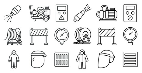 Fototapete - Collection of industrial icons and symbols. The icons include a fire hose, a pressure gauge, a man in a hard hat, and a clock. Scene is industrial and professional, with a focus on safety