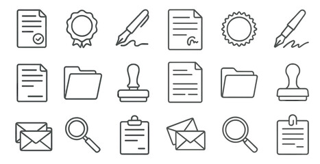Fototapete - Set of white icons that include a stamp, a pen, a folder, a magnifying glass, and an envelope