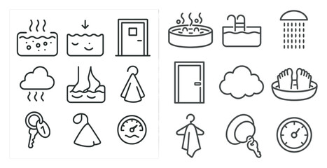 Poster - The image is a collection of various symbols and icons related to different aspects of daily life. The symbols include a clock, a towel, a door, a pool, a shower, and a boat