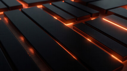 Fototapete - Dark Metallic Surface with Glowing Orange Light and Geometric Patterns for Abstract Background