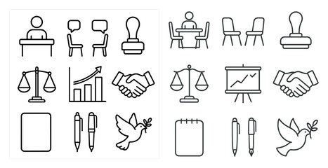 Fototapete - Set of icons for business and office settings. The icons include a judge, a gavel, a pen, a bird, a book, a chair, a table, a person, a sign, a laptop, a projector, a chair