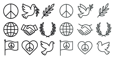 Poster - Peaceful symbols and flags. Peaceful symbols include a dove, a peace sign, and a heart. Flags include a peace flag and a flag with a dove on it
