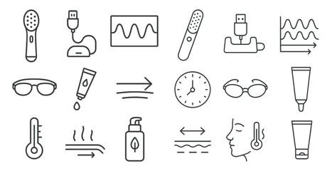 Fototapete - Collection of medical and beauty related icons. The icons include a thermometer, a clock, a bottle of lotion, a bottle of sunscreen, a bottle of eye drops, a bottle of makeup, a bottle of perfume