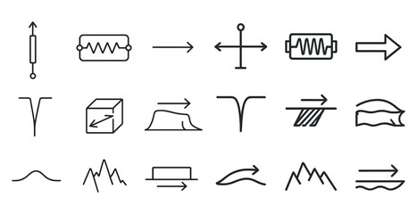 Fototapete - Series of symbols and shapes are shown in a white background. The shapes include a box, a mountain, a triangle, and a rectangle
