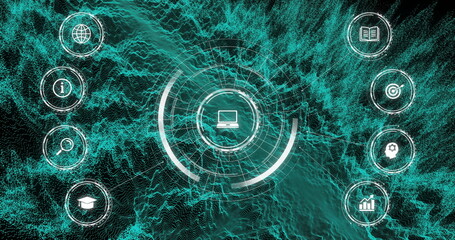Poster - Displaying laptop interface glowing inside rings over teal waveforms in network, with eight icons