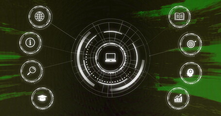 Poster - Displaying circular user interface hub glowing on futuristic screen, with laptop icon and 8 icons