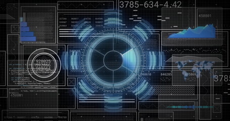 Aufkleber - Displaying central circular HUD emitting radial segments in dashboard, with code charts and map