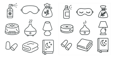 Fototapete - Collection of items related to relaxation and sleep. There are pillows, blankets, and a book, as well as a clock and a bottle