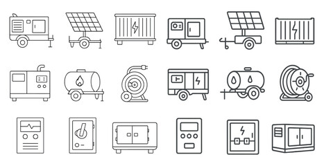 Poster - Series of black and white icons of various types of equipment, including generators, trucks, and other machinery