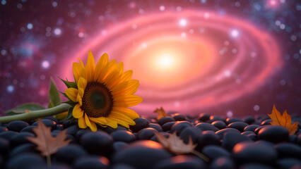 Poster - Sunflower on Stones with Colorful Galaxy Background and Leaves in Surreal Cosmic Scene