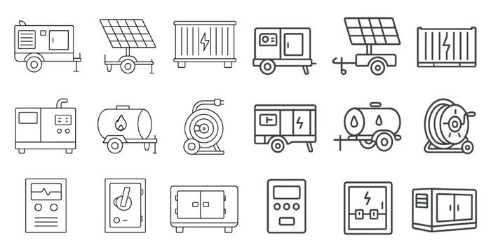 Series of black and white icons of various types of equipment, including generators, trucks, and other machinery