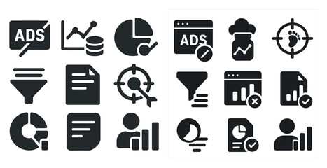 Poster - The image is a collection of icons that represent various aspects of data analysis and visualization. The icons include a person with a magnifying glass, a person with a target, a person with a funnel