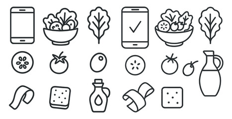 Fototapete - Collection of food items and a cell phone. The food items include a bowl of salad, a bowl of fruit, and a bowl of vegetables. The cell phone is placed in the middle of the image