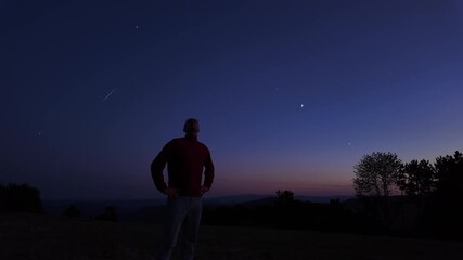 Wall Mural - amateur astronomer watching stars, moon, planets and other celestial objects from a countryside fiel