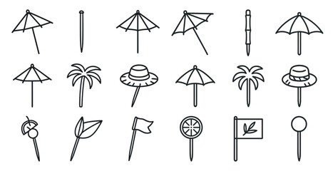 Fototapete - Set of umbrella and hat icons. The umbrella icons are all different sizes and shapes, and the hat icons are all different styles. Scene is cheerful and sunny, with the umbrellas