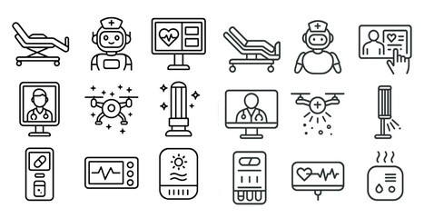Poster - Series of medical icons including a robot doctor, a stethoscope, a heart monitor, and a hospital bed