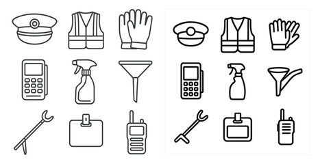 Fototapete - Set of icons for various work tools and safety gear. The icons include a police officer, a fireman, a construction worker, and a janitor. Scene is one of professionalism and safety