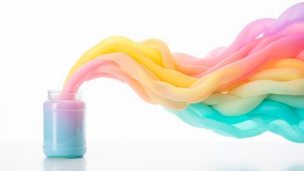 Poster - Colorful Fluid Waves Flowing from a Jar on Bright Clean Background in Soft Pastel Shades