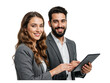 © Creative Vector - Smiling professional business man and woman colleagues looking at tablet together isolated on transparent background