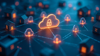 Poster - Digital Network Connection with Secure Cloud Icon Surrounded by Home Symbols and Glowing Locks