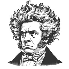 Wall Mural - funny furious man with exaggerated wild hair, intense eyes in vintage attire sketch engraving genera