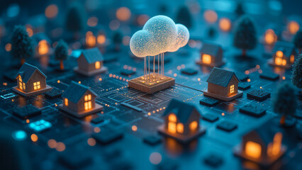 Poster - Cloud Computing Concept with Digital Houses and 3D Cloud in a Futuristic Cityscape Scene