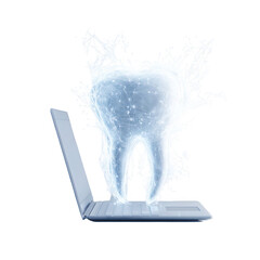A glowing tooth graphic emerges from an open laptop