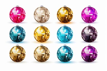 Poster - Twelve colorful disco balls are casting reflections on a white background, creating a festive atmosphere