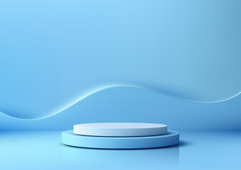 Poster - 3d blue podium mockup for product display with minimal wavy background design, clean glossy floor, modern stage scene ideal for branding, presentation, and showroom showcase