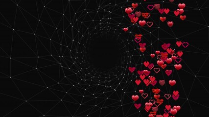 Poster - Red hearts emerging on right edge drifting into column then fading with wireframe mesh static