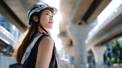 Poster - A woman wearing a helmet and a black shirt is standing in front of a bridge