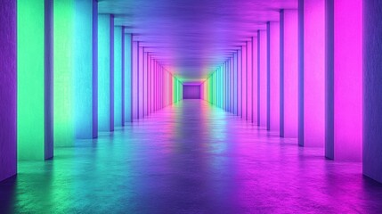 A brightly lit hallway with a long line of columns and a floor