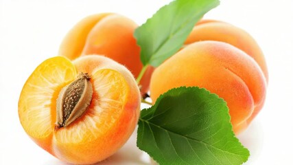 Poster - Fresh peaches with leaves on a white surface, great for still life photography or food styling