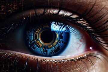 Poster - Close up of a human eye reflecting futuristic digital circuit board, exploring the concept of technological integration with the human body