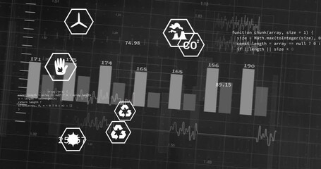 Poster - Dark grid dashboard starting sliding bars, moving icons, updating labels showing data monitoring