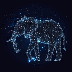 Poster - Digital polygonal elephant silhouette composed of glowing interconnected stars and lines on dark space background vector illustration