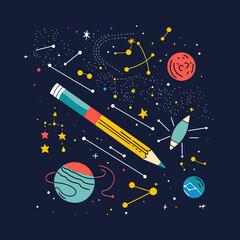 Poster - Space themed pencil with planets stars constellations and cosmic elements back to school education concept flat minimalist vector illustration