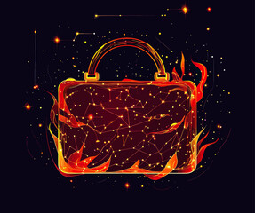 Poster - Abstract briefcase burning in flames composed of glowing stars and constellations on dark background with fiery digital network connections for business concept illustration