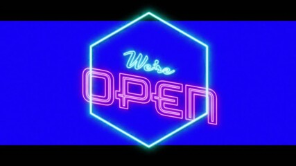 Poster - On power-up neon cyan hexagon pulsing sky-blue We're with pink OPEN glows showing shop open