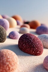 Aufkleber - colorful textured spheres resting on a sandy surface under a clear blue sky, creating a vibrant and 